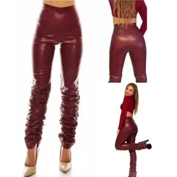 Boutique Faux Leather High Waist stretch Pants Legging with ruched leg - Picture 6 of 14